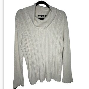 Jeanne Pierre Cream Scalloped 100%cotton Cable Knit Turtleneck Sweater W…